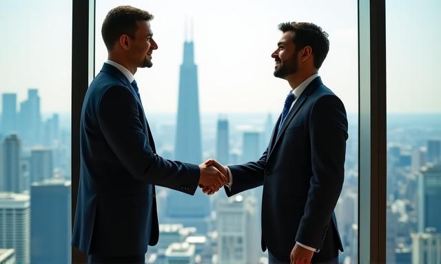 Two professionals shaking hands in a high-rise office